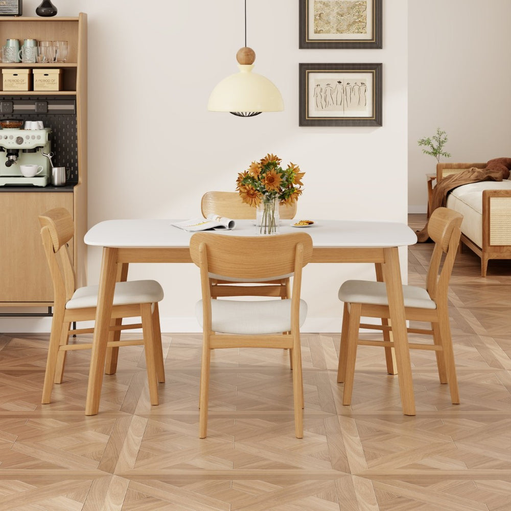 English Elm [video] 5 Piece Mid-century Rubberwood Dining Set with Cushioned Chairs for Modern Homes Light Beige,White+Oak N759S005002K