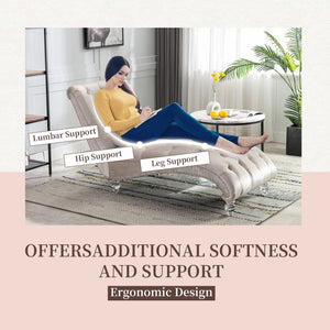 English Elm Velvet Curved Chaise Lounge Sofa with Button-Tufted Upholstery, Plush Foam Seat and Acrylic Legs Beige W39538682