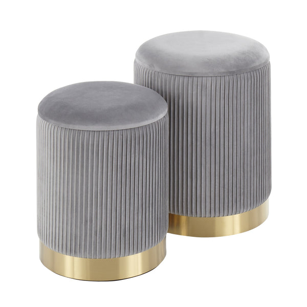 English Elm Marla Pleated Nesting Ottoman Set – Lux Velvet Upholstery with Gold Metal Base, Space-Saving Chic Grey B202P223735