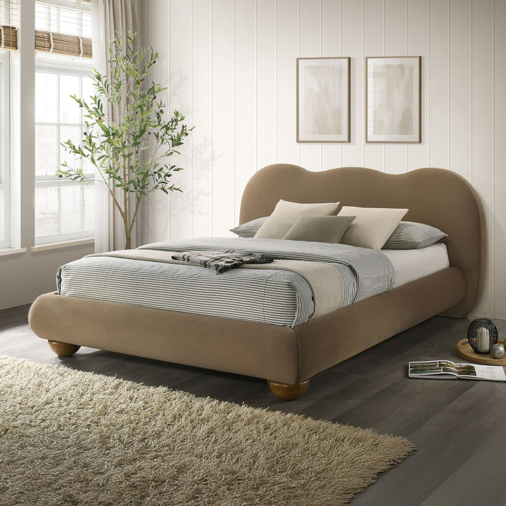 English Elm Brown Boucle Eastern King Bed Camel Back Headboard Round Bun Feet Upholstered Frame Brown B2741S00833