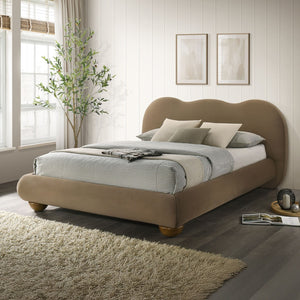 English Elm Brown Boucle Eastern King Bed Camel Back Headboard Round Bun Feet Upholstered Frame Brown B2741S00833
