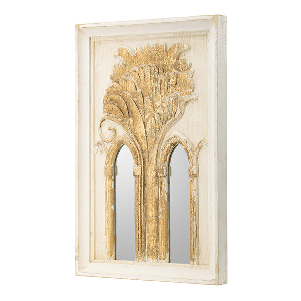 English Elm 20.1x2x29.9" Mid-Century Wall Mirror Set with Washed White & Gold Leaf Accents for Entryway Elegance W2078P318403
