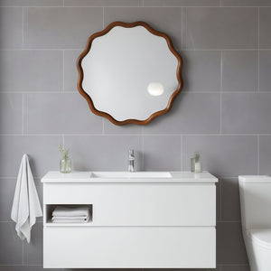 English Elm Black Walnut Solid Wood Wavy Round Mirror Sculptural Bohemian Wall Accent 30 Inch W2203P455238