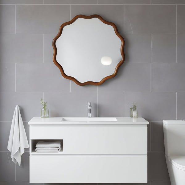 English Elm Black Walnut Solid Wood Wavy Round Mirror Sculptural Bohemian Wall Accent 30 Inch W2203P455238