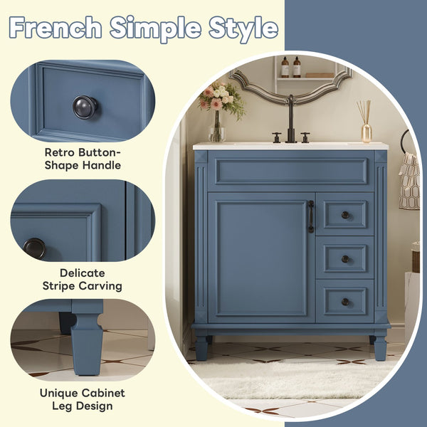 English Elm 30" French-Inspired Bathroom Vanity With Ceramic Sink, Soft-Close Drawers & Elegant Storage Solutions N710P323323C