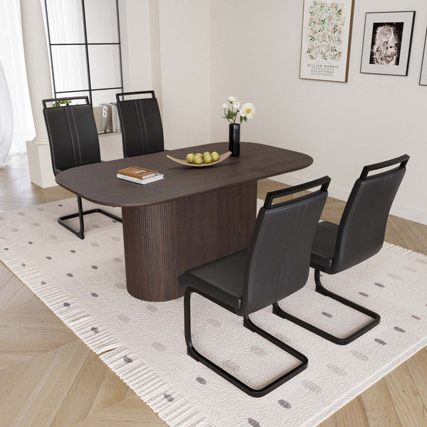 English Elm 63" Modern Industrial Brown Mdf Dining Table & 4 Pu Armless Chairs Set With Black Metal Legs W2189S00663