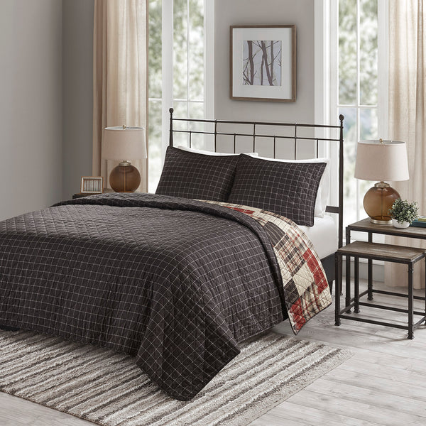 JLA Home Madison Park - 3 Piece Reversible Printed Quilt Set Cabin-Inspired Red & Black Patchwork to Windowpane Reversible Elegance 94 L x 104 W x 0.25H MP13-8471