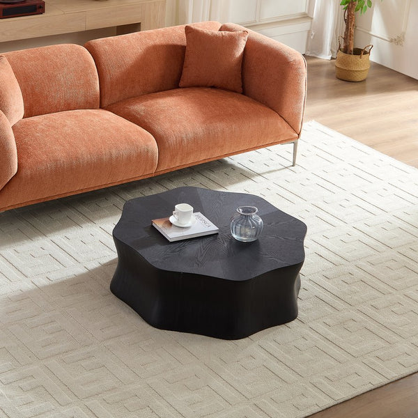 English Elm Black petal coffee table with birch veneer watercolor finish, fiberglass top, black sandblasted sides, 39x39x16" elegant centerpiece W2085P359694