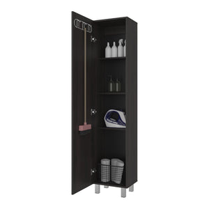 English Elm Vernon Narrow Freestanding Storage Cabinet with Interior Shelving and Broom Hooks Dark Walnut B097P474305