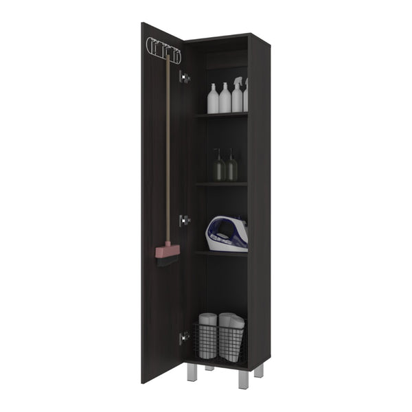 English Elm Vernon Narrow Freestanding Storage Cabinet with Interior Shelving and Broom Hooks Dark Walnut B097P474305