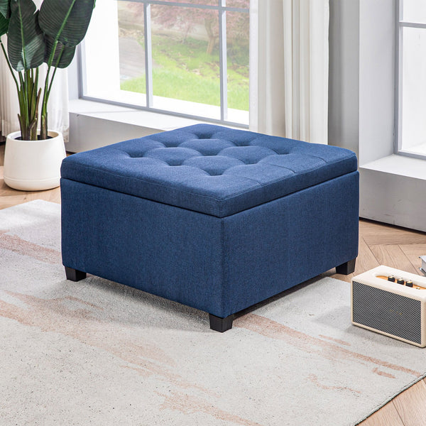 English Elm HOMCOM Tufted Fabric Storage Ottoman with Flip-Top Lid, Eucalyptus Frame, Soft Cushioned Seat, 28" Blue W2225P217743