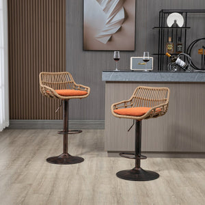 English Elm Modern Swivel Bar Stools Set of 2 Adjustable Counter Height Chairs with Linen Seat, Retro Rattan Back, 360° Rotation and Footrest, Vintage Gold Base, Durable Indoor/Outdoor Seating (Seat Height 25.6–33.9") Orange W39594824