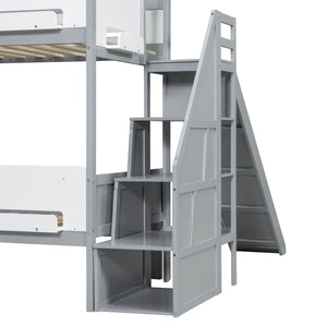 English Elm House-shaped Pine Bunk Bed with Built-in Slide Storage Staircase Twin Over Full Kids Frame Grey+White N820S00082E
