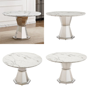 English Elm 47" Round Marble Dining Table - Elegant High Gloss Faux Marble Top With Sturdy Stainless Steel Base W3456S00030
