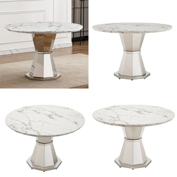 English Elm 47" Round Marble Dining Table - Elegant High Gloss Faux Marble Top With Sturdy Stainless Steel Base W3456S00030