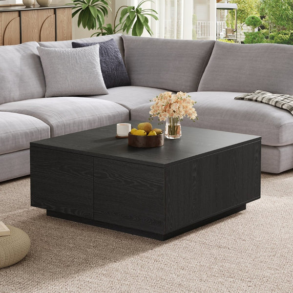 English Elm 33.25" Square Storage Coffee Table Four Drawer Matte Mdf Living Room Centerpiece Black N735P422508B
