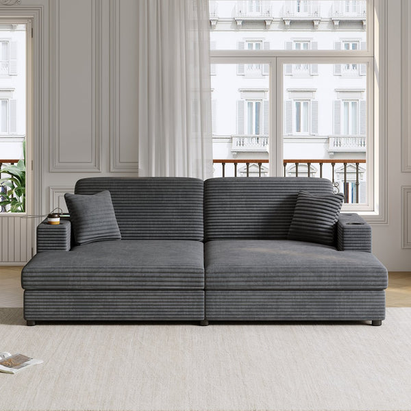 English Elm 86.5" Oversized Loveseat Chaise Lounge Sectional Sofa Bed Corduroy with USB Ports, Cup Holders & Pillows Dark Gray N719P232602R