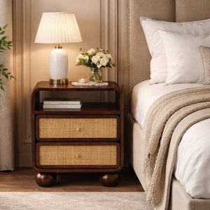 English Elm Solid Mango Wood Rattan Nightstand Two Drawer Boho Bedside Table with Ball Feet B182P480104