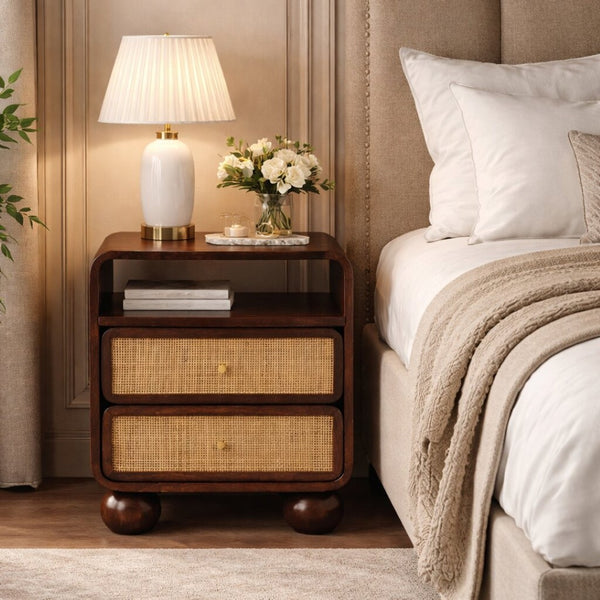 English Elm Solid Mango Wood Rattan Nightstand Two Drawer Boho Bedside Table with Ball Feet B182P480104