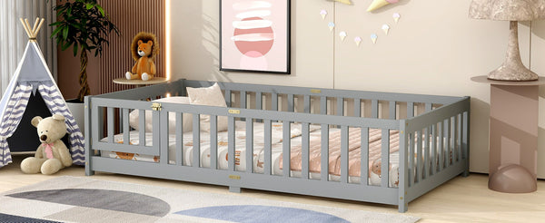 English Elm Twin Size Floor Bed With Built-In Fence & Door, Eco-Friendly Rubberwood Frame For Kids' Safety & Style W504P286372-GIGA