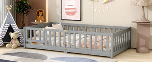 English Elm Twin Low Profile Rubberwood Floor Bed with Full Safety Fence for Toddler Rooms Grey W504P429267