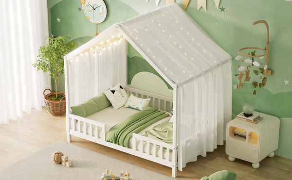 English Elm Montessori House Bed Frame Twin with Canopy & Full Guardrails, Cozy Kids Platform Bed for Toddlers White 77.8 L x 17.25 W x 7 H N733P356048K