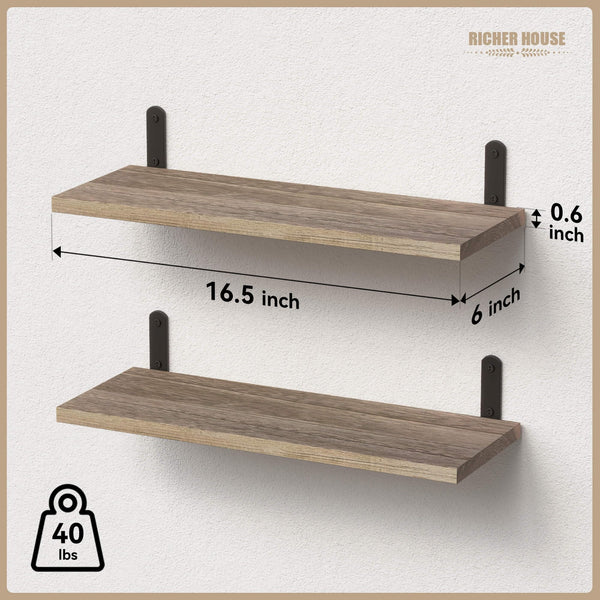 English Elm Rustic Paulownia Wood Shelves Set of 2 — Farmhouse Floating Wall Shelves 16.5" Durable 40lb Capacity W2181P194278