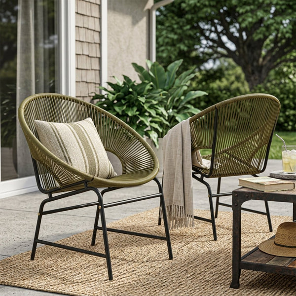 English Elm Nusa Outdoor Pe Rattan Patio Chairs with Iron Frame Airy Oval Weave Set of 2 Green N775P422987G