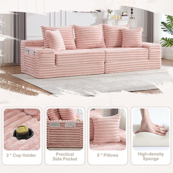 English Elm Oversized Corduroy Cloud Couch Convertible Sleeper Sofa with Memory Foam Seating Pink W395S00121