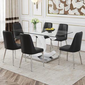 English Elm 1 Table and 6 Chairs Set.63"X35.4X30" Rectangular Transprant Tempered Glass Dining Tabletop With White Mdf Oc Shaped Bracket and Metal Base.Paired With 6 Pu Black Chairs With Silver Metal Legs.