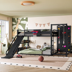 English Elm Twin Metal Loft Bed with Slide Basketball Hoop Climbing Wall and Built-in Shelves W1580S00343