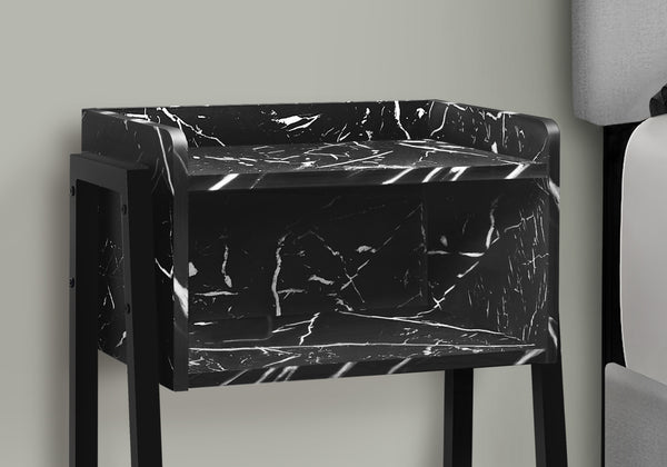English Elm Accent 2-Tier Side Table with Black Marble-Look Tray Top, Storage Cubby & Adjustable Metal Legs, Modern B2710P219346