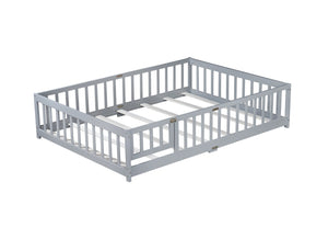 English Elm Full Size Rubberwood Floor Bed with Safety Guardrails and Latching Door for Toddlers Grey W504P429296