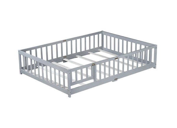 English Elm Full Size Rubberwood Floor Bed with Safety Guardrails and Latching Door for Toddlers Grey W504P429296