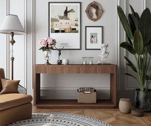 English Elm 60" Modern 2-Drawer Fluted Console Table with Real Wood Veneer, Slim Profile, Sturdy 80lb Capacity, Versatile Entryway Organizer Walnut W1435P337641