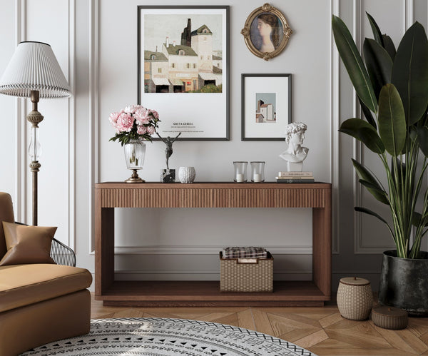 English Elm 60" Modern 2-Drawer Fluted Console Table with Real Wood Veneer, Slim Profile, Sturdy 80lb Capacity, Versatile Entryway Organizer Walnut W1435P337641