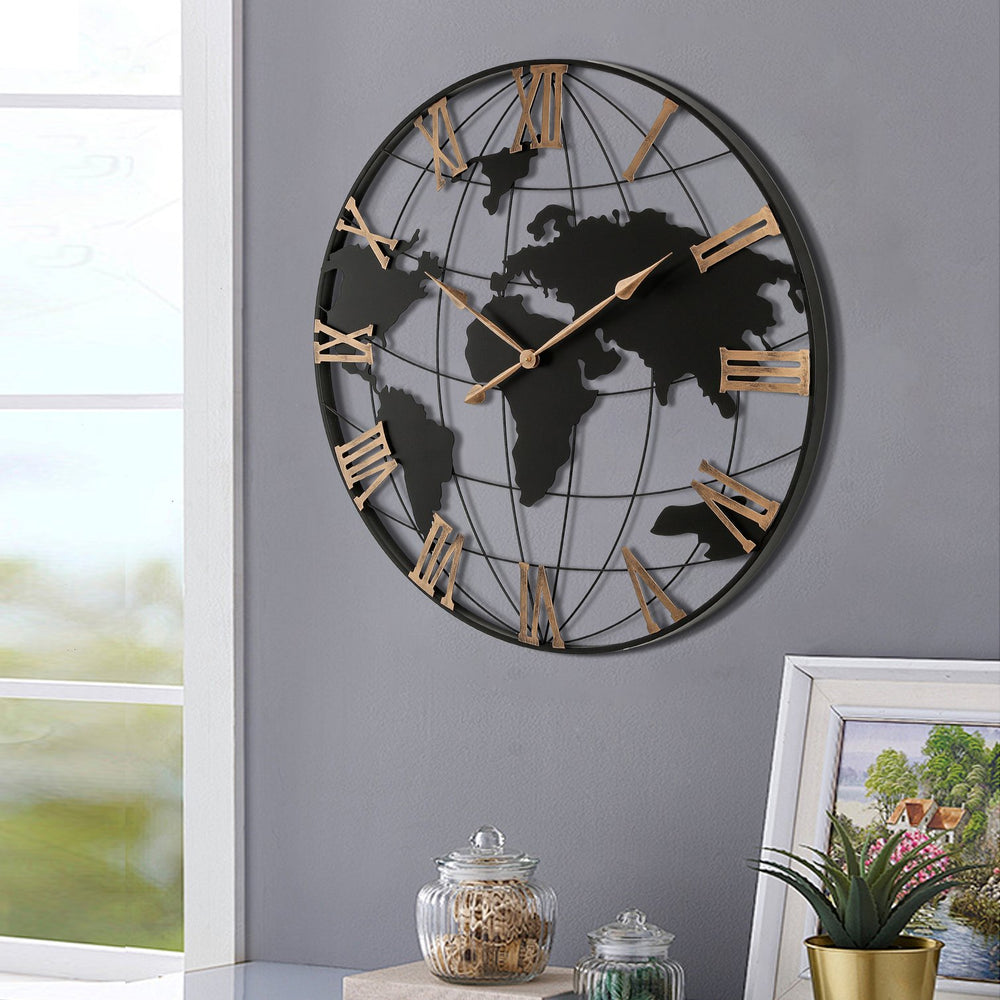 English Elm 36 Inch Extra Giant Black Metal Wall Clock - Modern Vintage World Map Design With Silent Movement For Home Decor W1445P249306