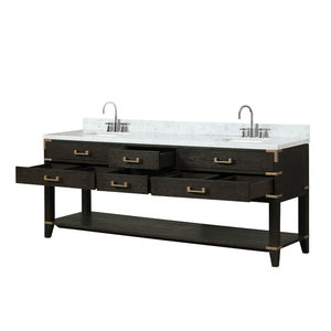English Elm Black Oak Double Bath Vanity 84" W x 22" D with Carrara Marble Top, Chrome Faucets, Soft-Close Storage B2731P261073