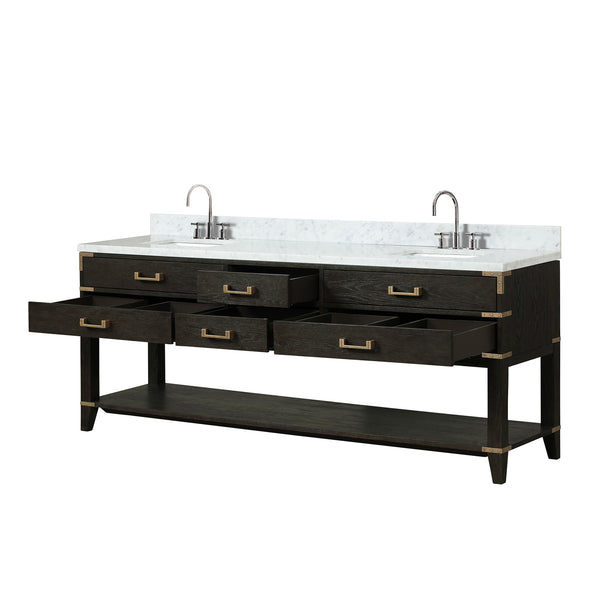 English Elm Black Oak Double Bath Vanity 84" W x 22" D with Carrara Marble Top, Chrome Faucets, Soft-Close Storage B2731P261073