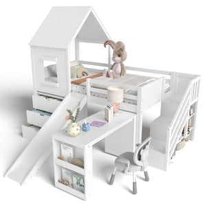 English Elm Full Size Metal Loft Bed with Stair Storage Shelves Bookshelf for Dorms Bedroom W1580S00395