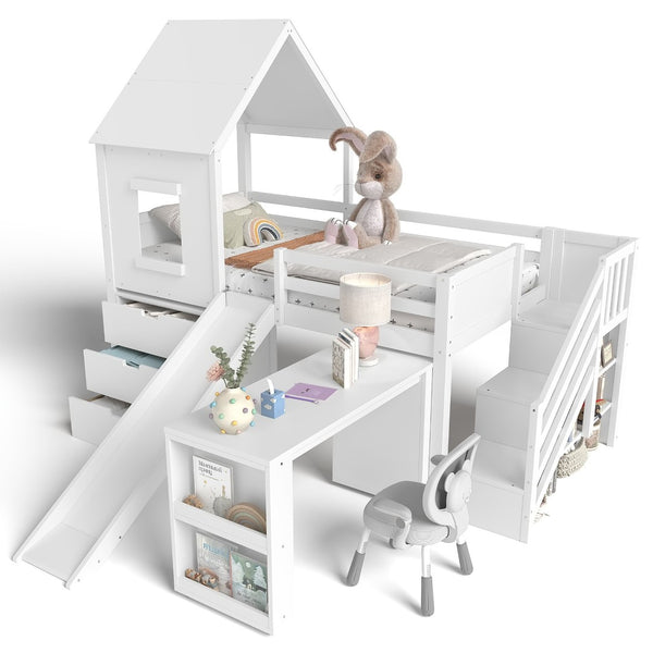 English Elm Full Size Metal Loft Bed with Stair Storage Shelves Bookshelf for Dorms Bedroom W1580S00395
