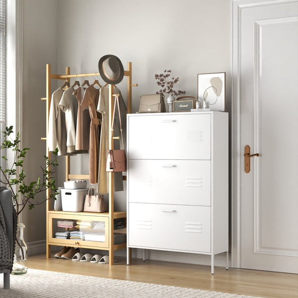 English Elm Shoe 3-Flip Drawer Storage Cabinet with Metal Frame — Freestanding Organizer for Entryway, White T2398P290422