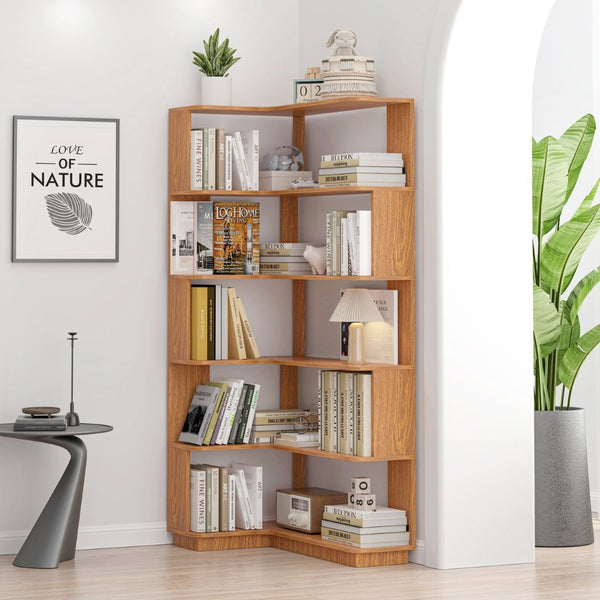English Elm 90cm Five Tier L-shaped Corner Bookcase Open Wood Shelving Unit for Home Office W2899P444147