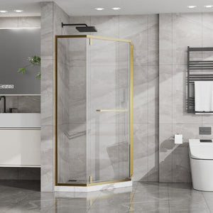English Elm Goodyo Neo-angle Corner Shower Enclosure Tempered Glass Gold Stainless Frame D163147164