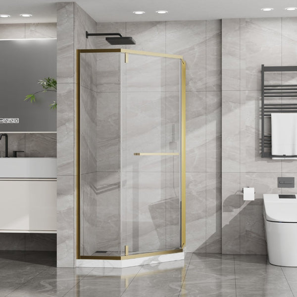 English Elm Goodyo Neo-angle Corner Shower Enclosure Tempered Glass Gold Stainless Frame D163147164