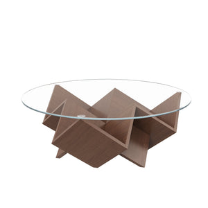 English Elm The Round Coffee Table 35.4" — Glass Top, Geometric Art Deco Walnut Base with Integrated Storage Shelves N735P350383D