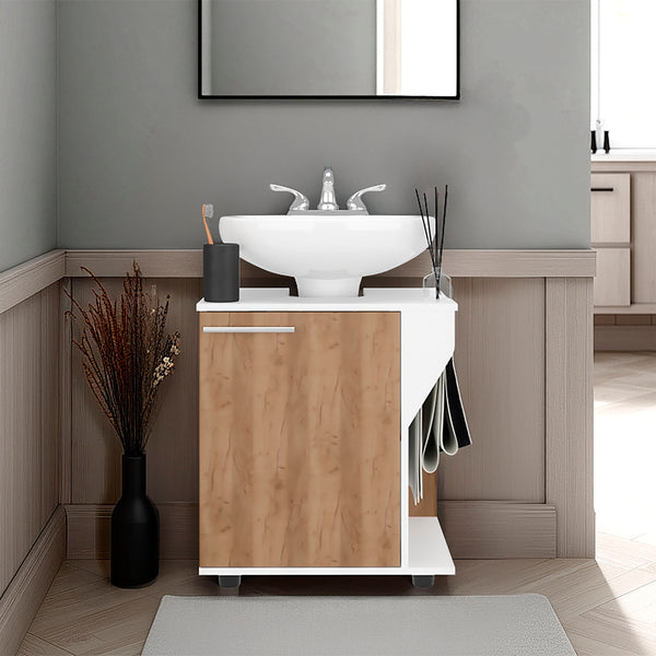 English Elm Under Sink Storage Cabinet with 2 Doors and Shelves — Sleek Oak & Black Wengue Finish for Bathrooms White+Natural 25.98 L x 27.17 W x 4.72 H B097P395902