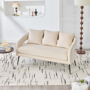 English Elm 53.7"Modern Velvet Loveseat with Open Back and 3 Pillows, Compact 2-Seater Sofa with Metal Legs Beige W3118P312817