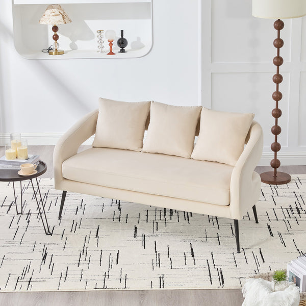 English Elm 53.7"Modern Velvet Loveseat with Open Back and 3 Pillows, Compact 2-Seater Sofa with Metal Legs Beige W3118P312817
