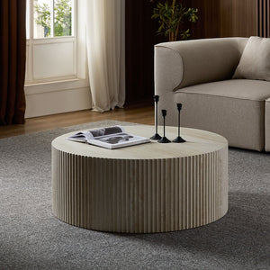 English Elm Faux Round Faux Travertine Coffee Table 35.4" Diameter with Handcrafted Relief Design, No Assembly Needed W876P362386